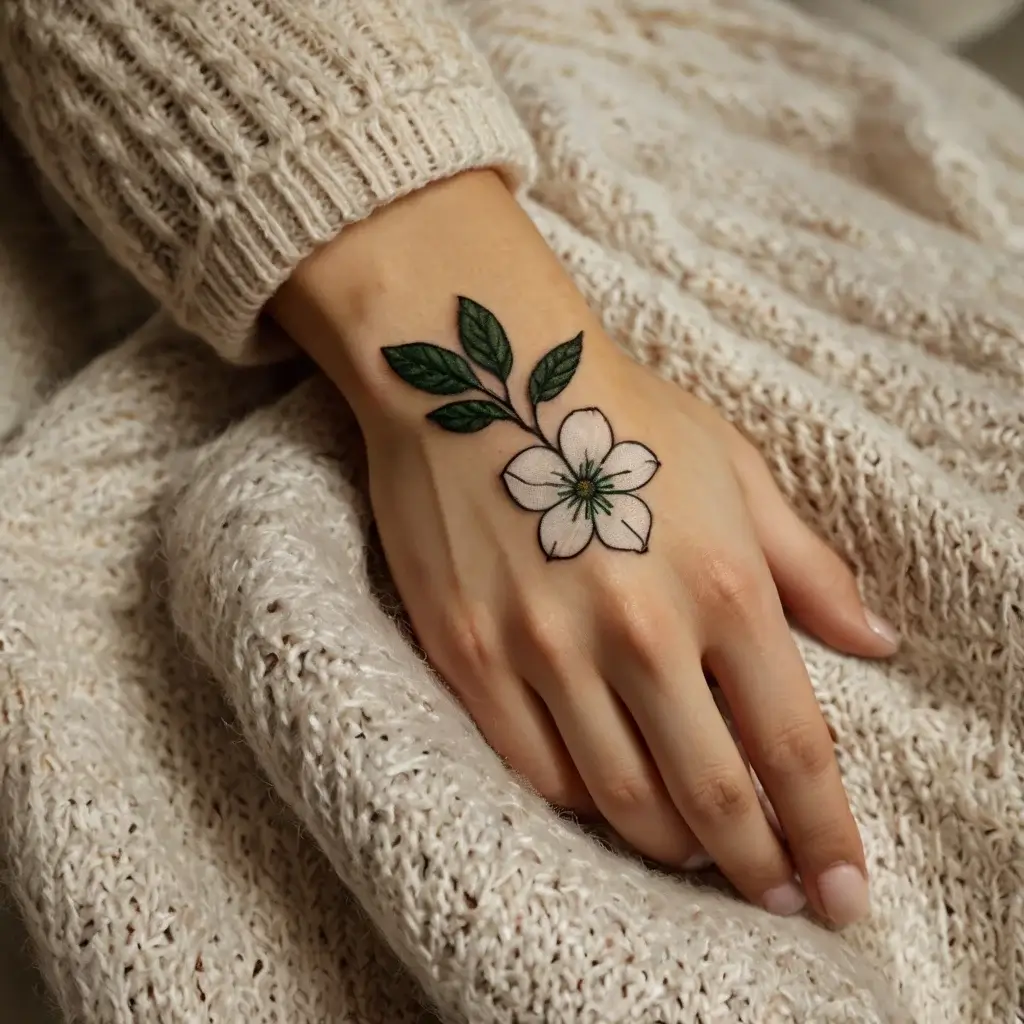 Hand tattoo of a white flower with green leaves, bold outlines, and delicate shading, symbolizing purity and growth.