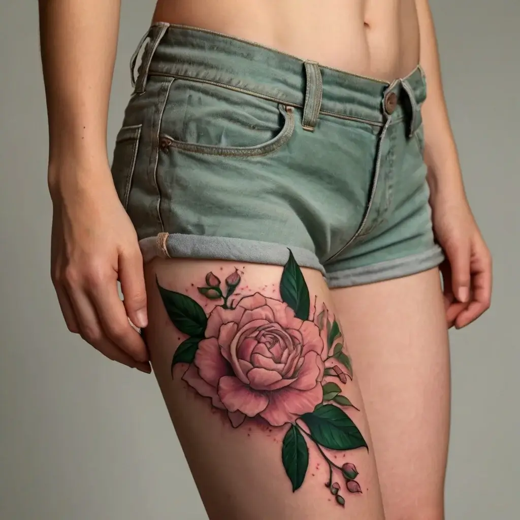 Tattoo of a detailed pink rose with green leaves on the thigh, showcasing realistic shading and vibrant colors.