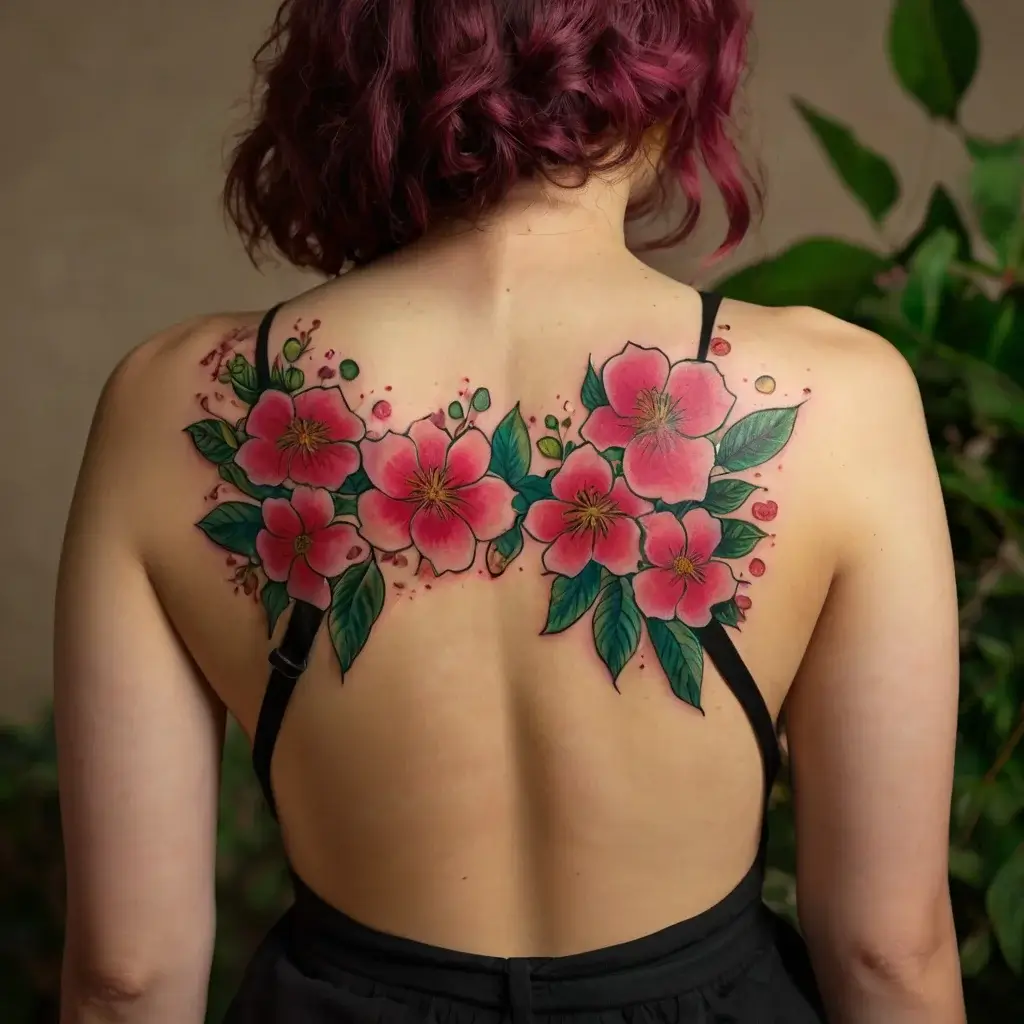 Vivid pink hibiscus flowers with lush green leaves span the upper back, creating a symmetrical and colorful floral design.