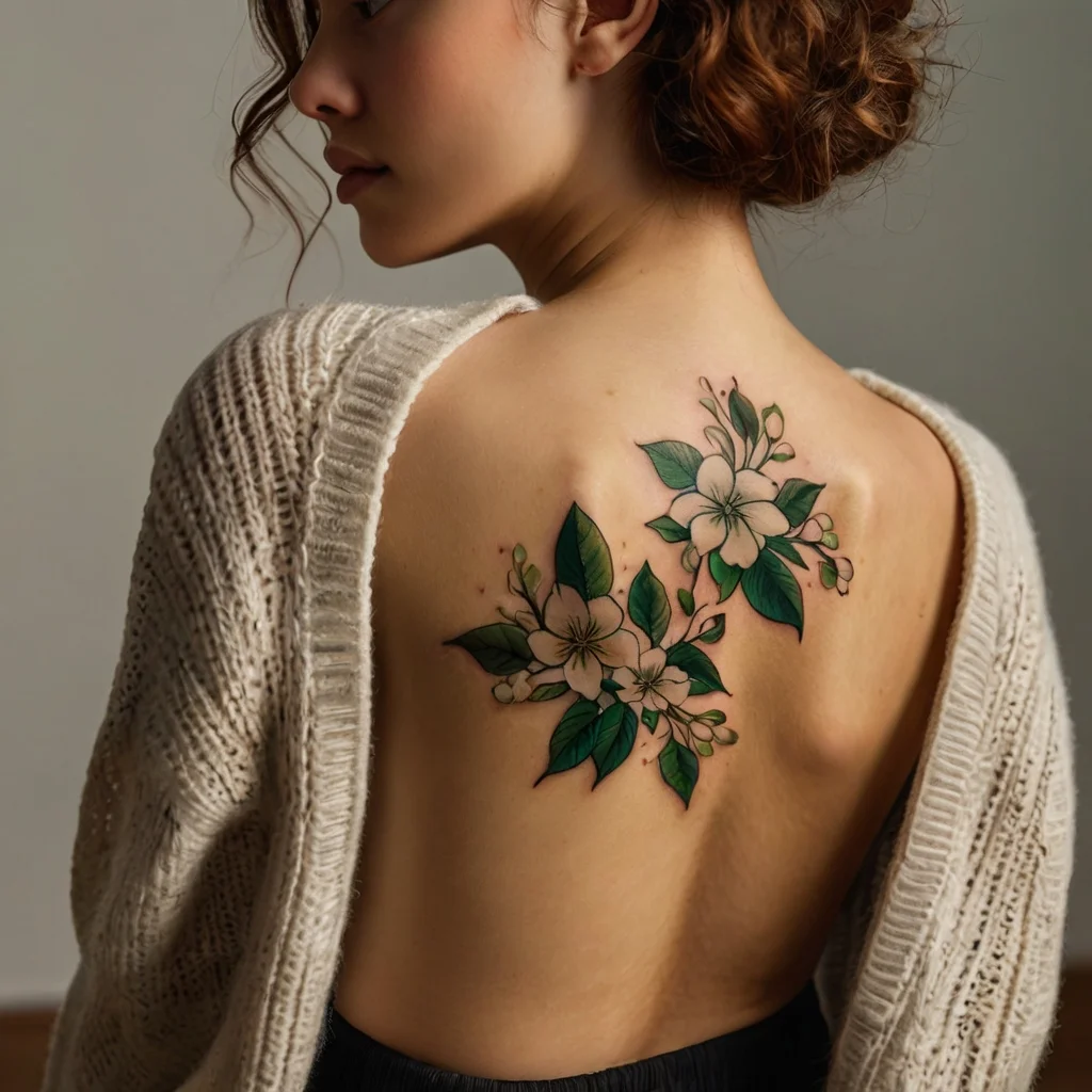 Floral tattoo on upper back with detailed white blooms and lush green leaves, creating a natural and elegant look.