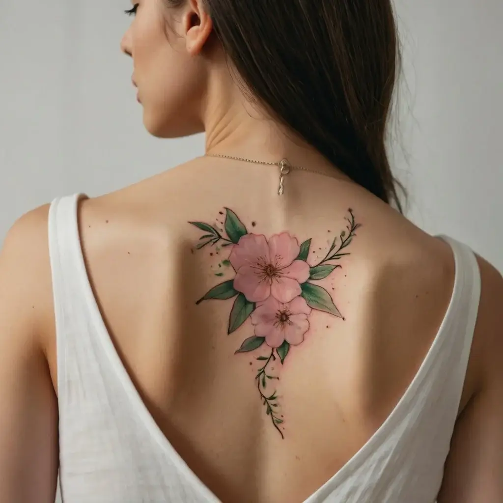 Tattoo of two pink blossoms with green leaves and delicate branches on upper back, showcasing elegant floral artistry.