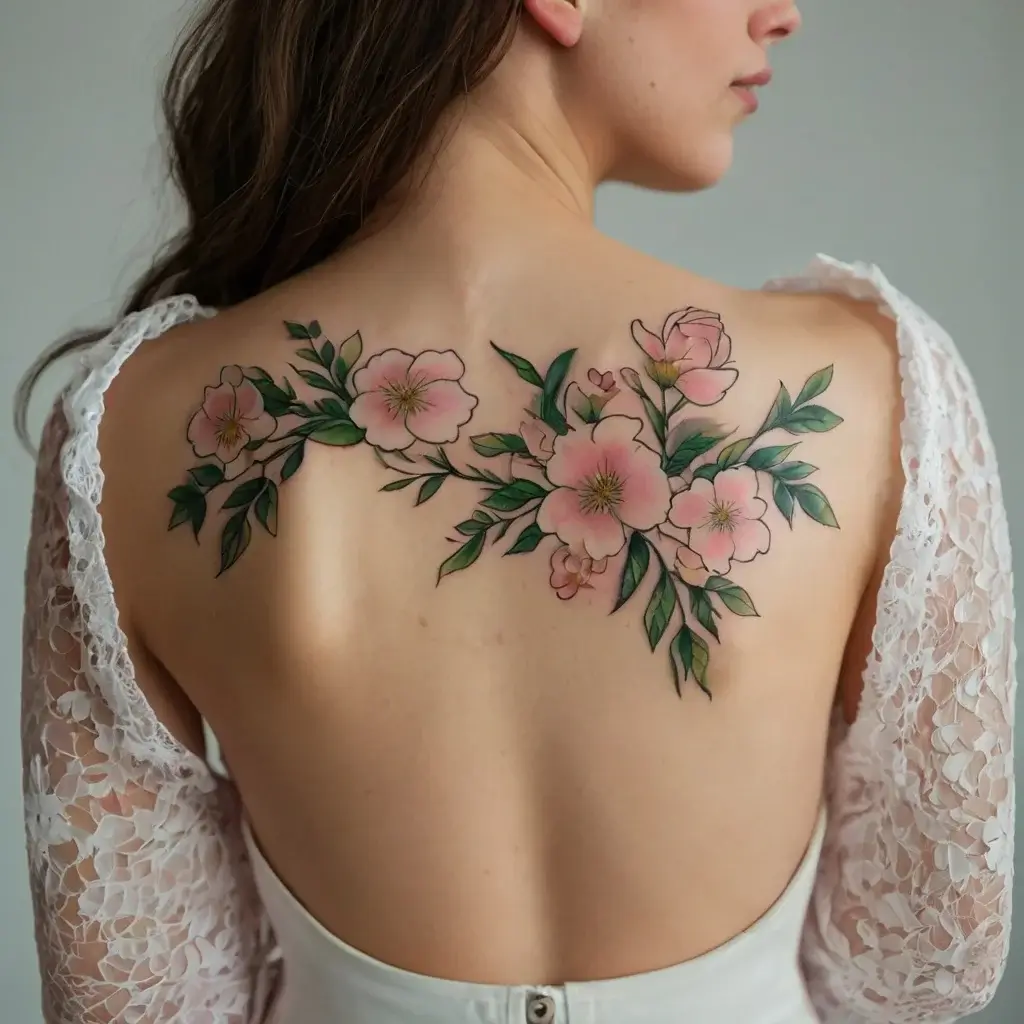 A delicate floral tattoo of pink blossoms with green leaves, gracefully spread across the upper back.