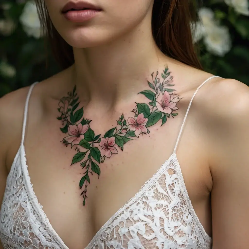 Elegant tattoo of pink flowers and green leaves, forming a delicate necklace pattern across the collarbone.