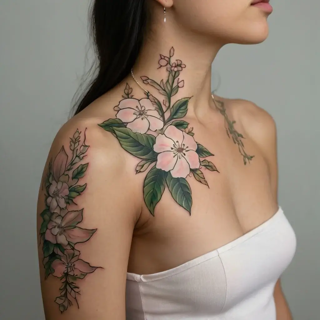 Floral tattoo with pink blooms and green leaves on shoulder and neck, showcasing intricate detail and natural elegance.