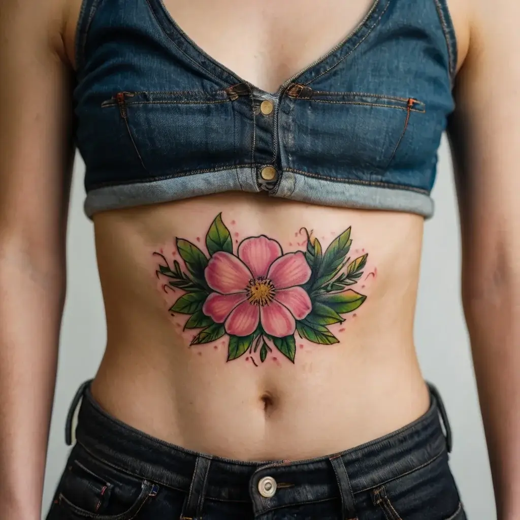 Colorful floral tattoo depicting a large pink flower with lush green leaves on the lower abdomen.