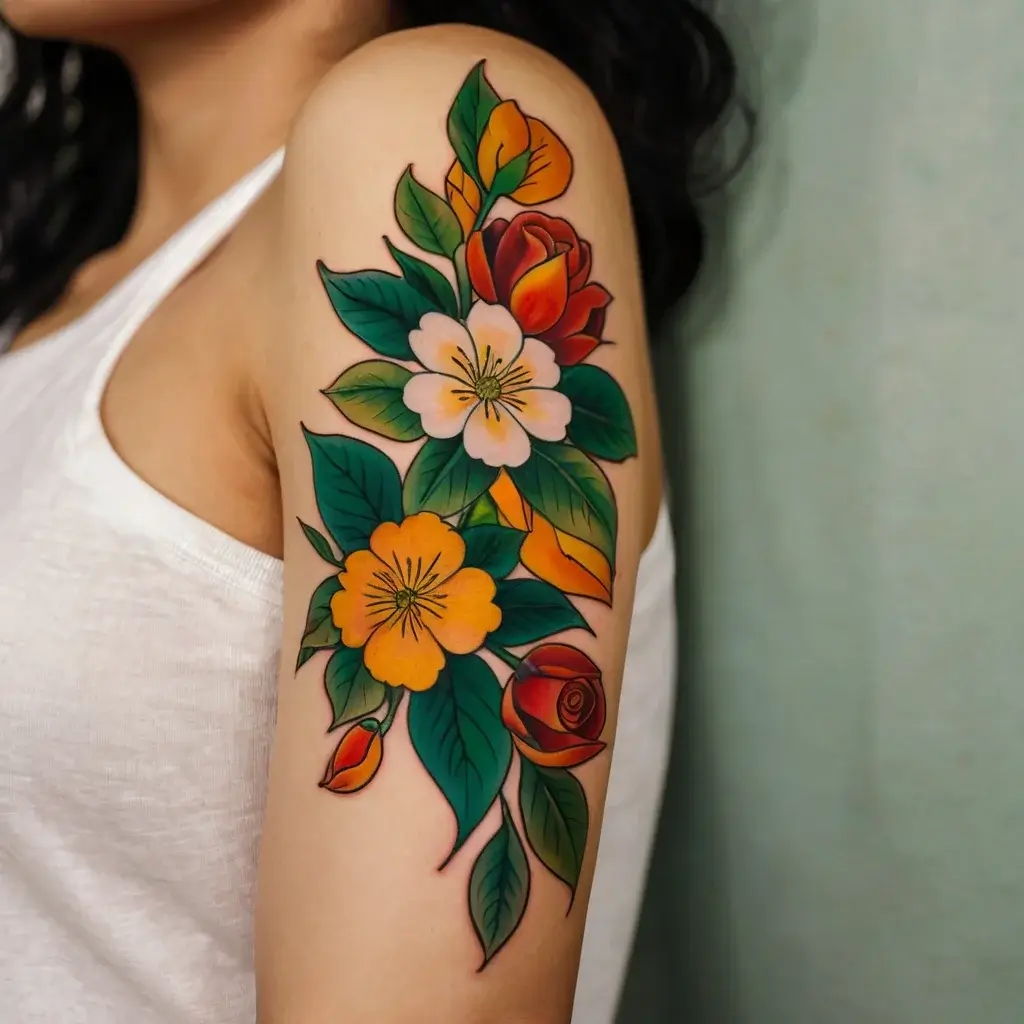 Vibrant floral tattoo featuring orange, yellow, and white blooms with lush green leaves cascading down the arm.