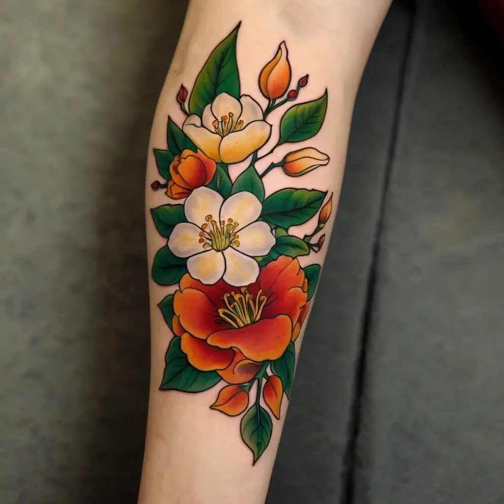 Tattoo of vibrant flowers with orange and white petals, surrounded by lush green leaves and small buds.