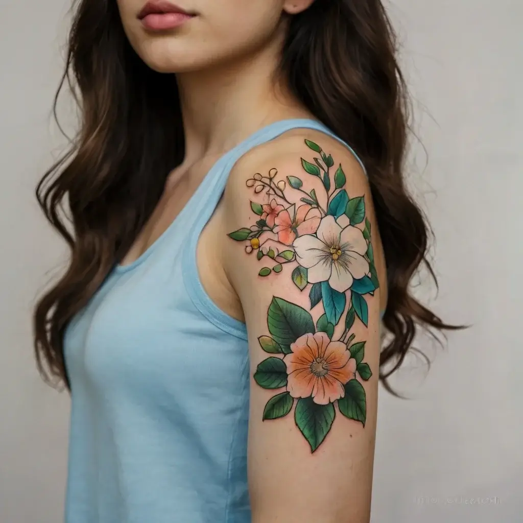 Colorful floral tattoo on upper arm featuring large pink and white flowers with green leaves and delicate buds.