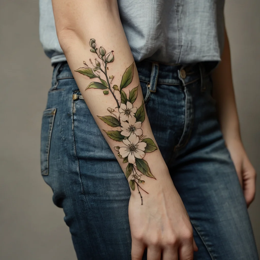 Forearm tattoo of delicate cherry blossoms and green leaves, intricately detailed, flowing elegantly along the arm.