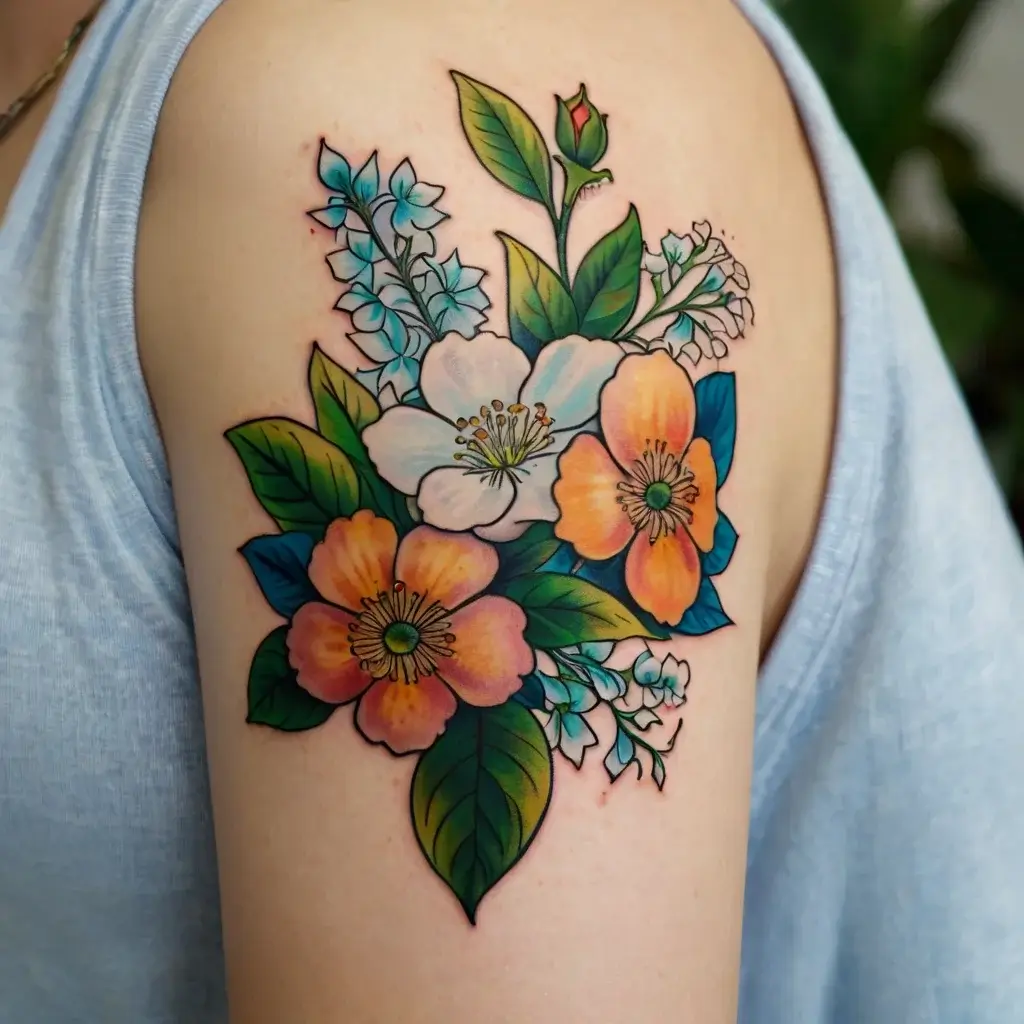 Colorful floral tattoo with peach and white flowers, green leaves, and blue accents on upper arm, exuding vibrant elegance.