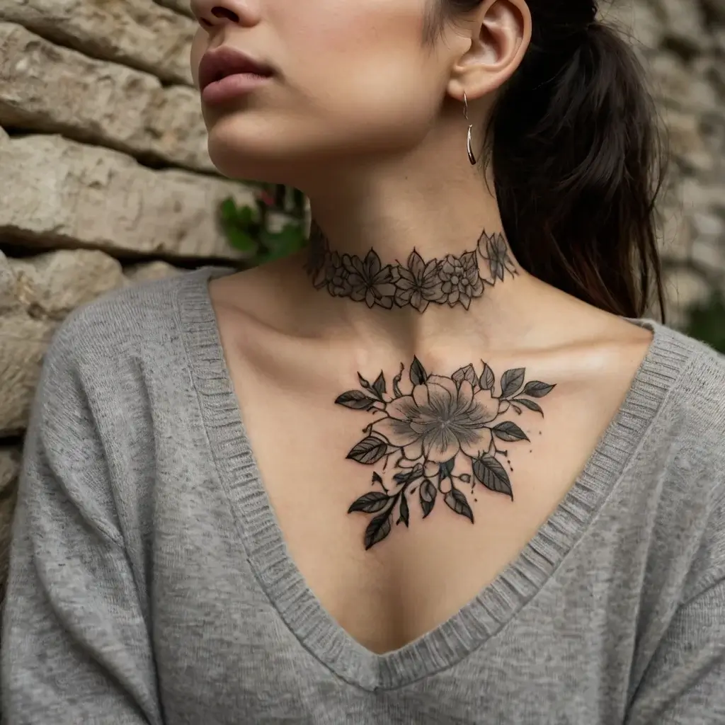 Choker-style floral necklace tattoo with delicate blooms; matching large floral centerpiece on the chest with leaves.