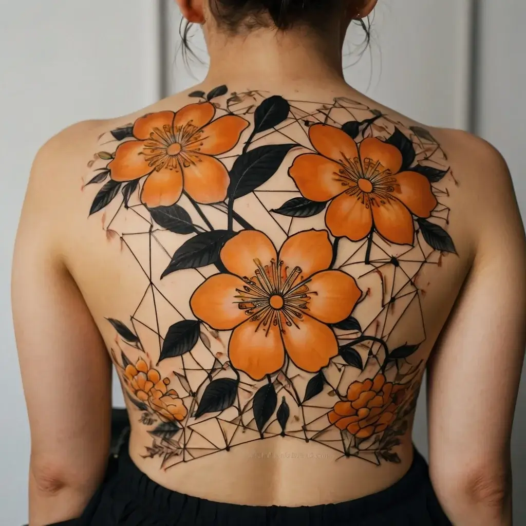 Tattoo of vibrant orange flowers with geometric black linework and lush leaves across the upper back.