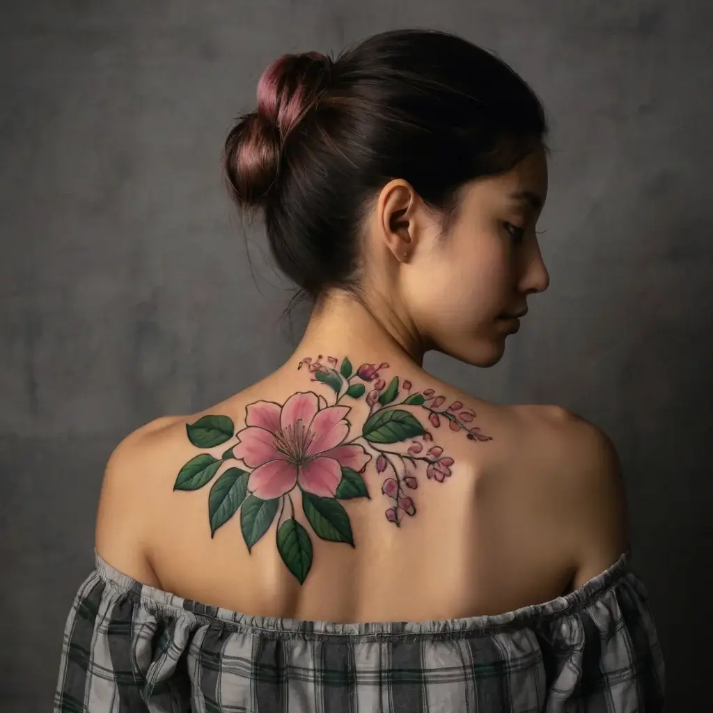 Tattoo of a pink flower with green leaves and delicate buds on the upper back, showcasing detailed color and shading.