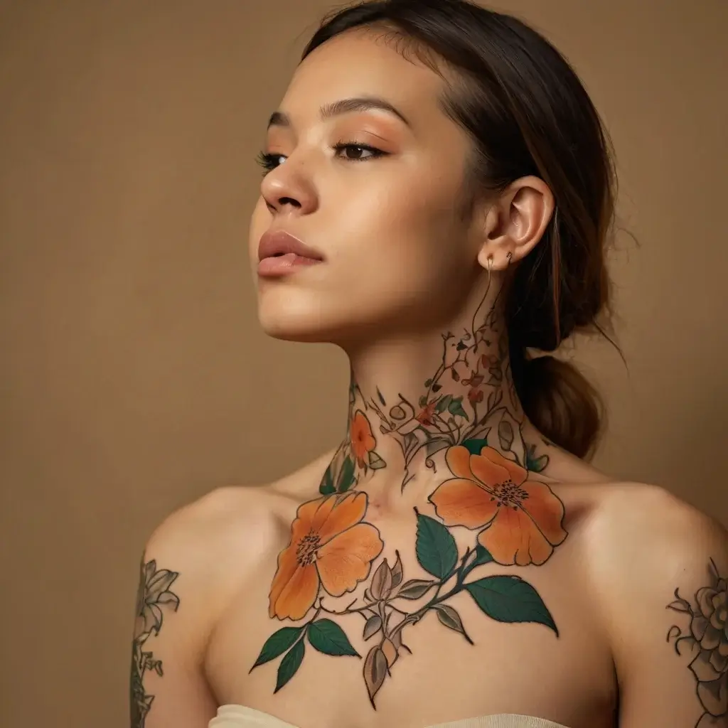 Neck tattoo features vibrant orange flowers with green leaves, extending elegantly from the collarbone and around the neck.