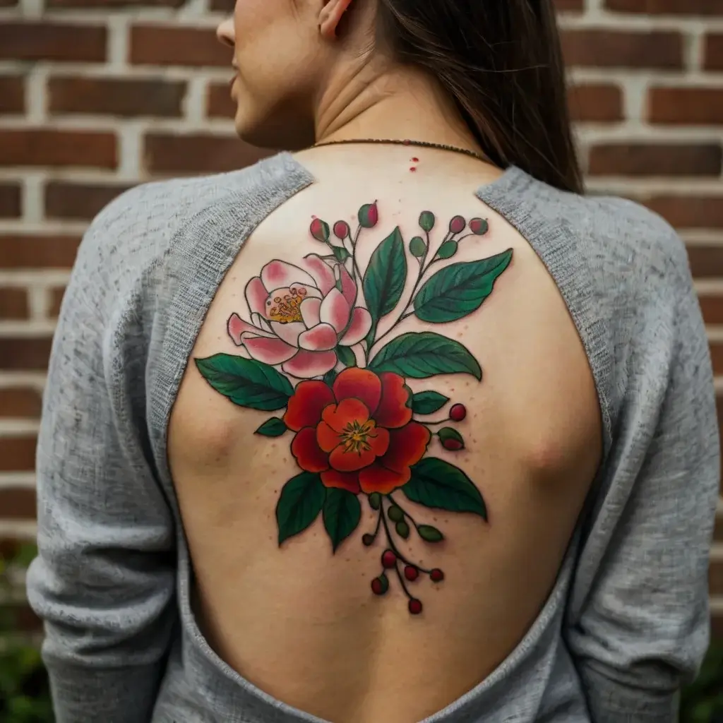 Tattoo of vibrant red and pink blossoms with green leaves and buds, elegantly placed on the upper back.