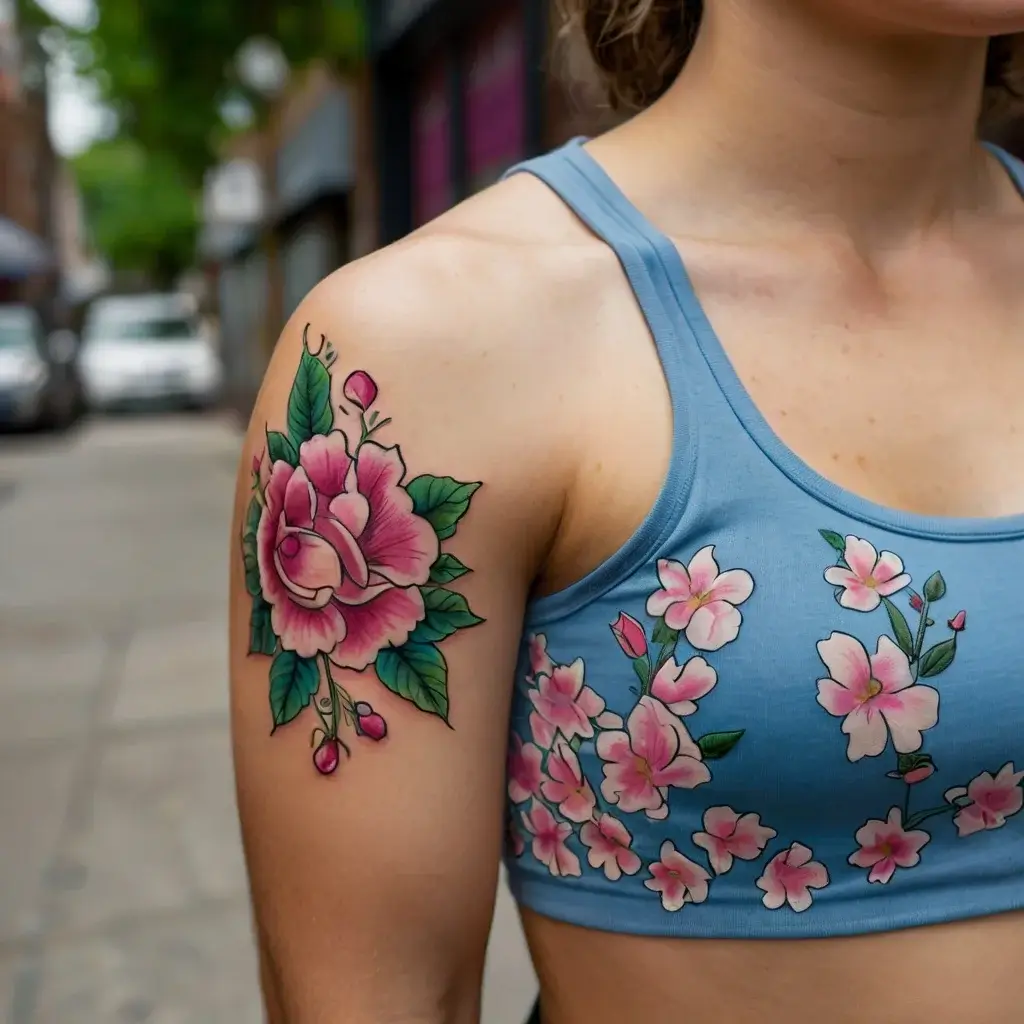 Colorful rose tattoo on upper arm with bold outlines, vibrant pink petals, and lush green leaves, matching floral top design.