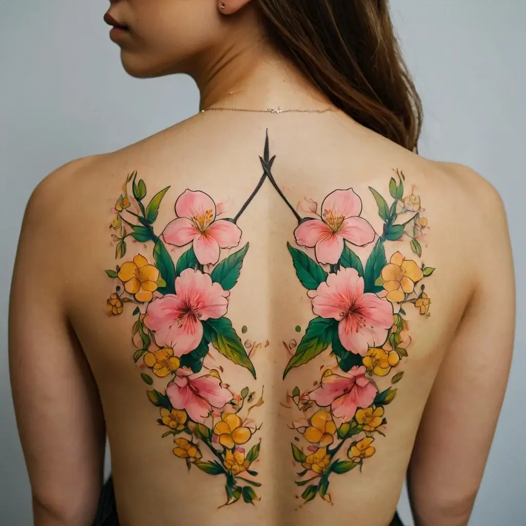 Back tattoo with pink and yellow flowers, green leaves, and symmetrical stems meeting at the spine, creating a vibrant floral design.