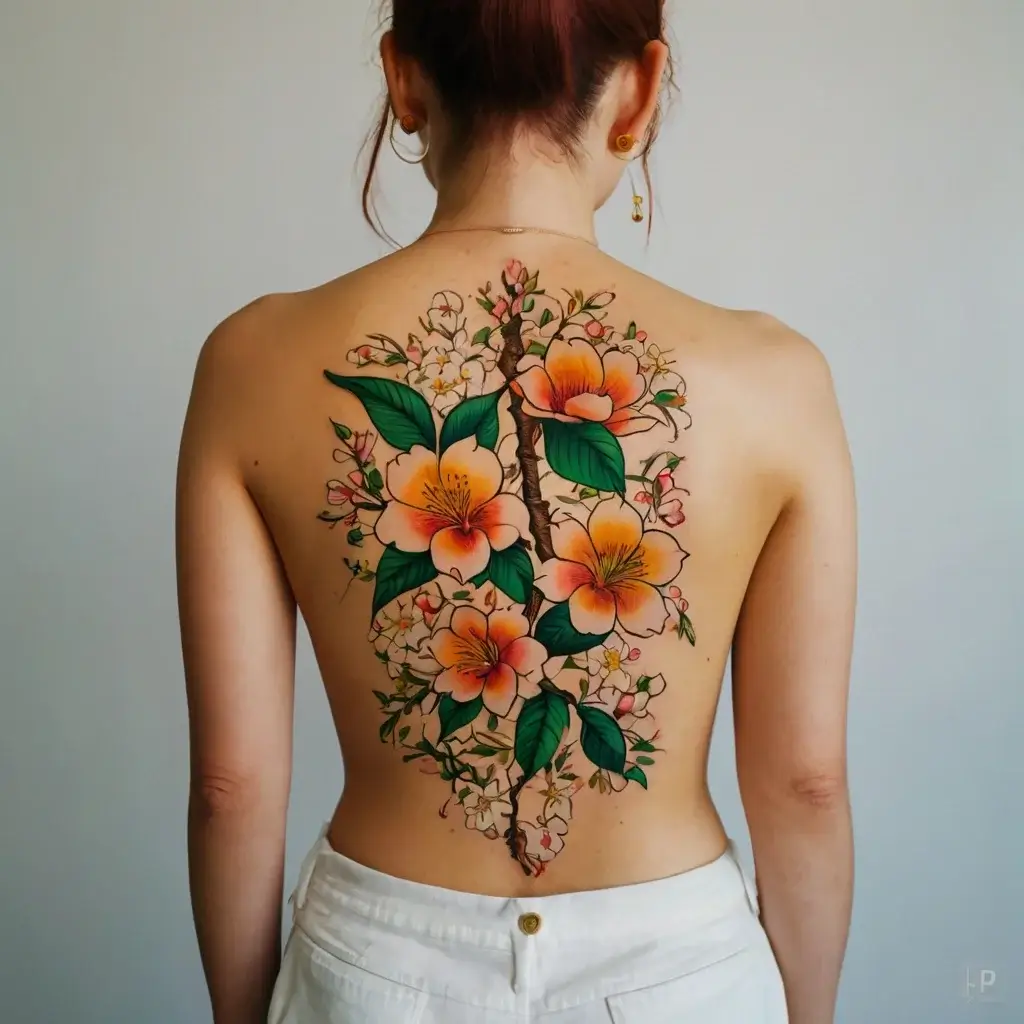 Back tattoo featuring vibrant orange and pink flowers with green leaves, elegantly cascading along the spine.