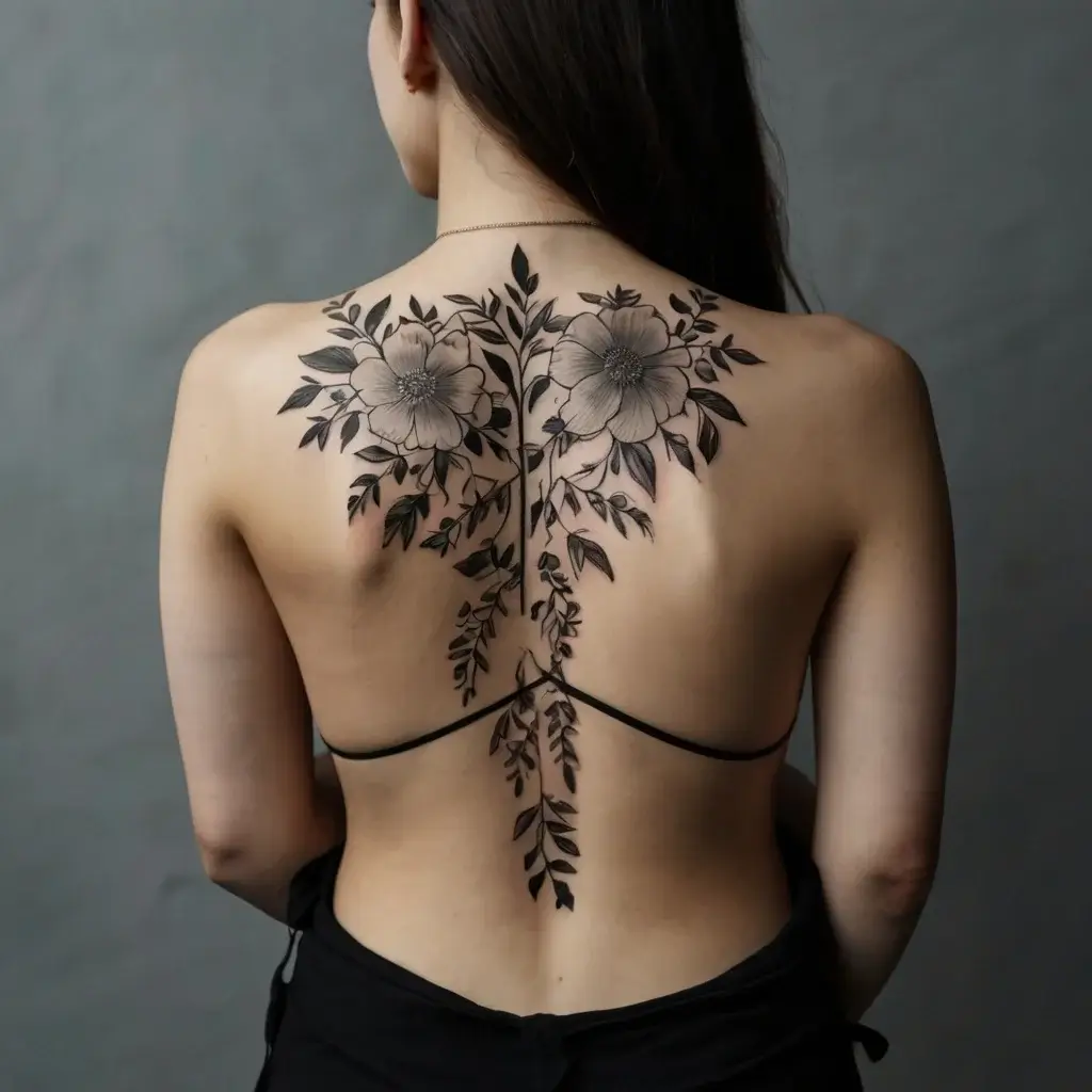 Back tattoo of two large flowers, detailed petals, and leaves forming an elegant vertical spine design.