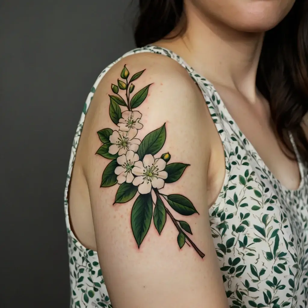 Elegant floral tattoo with white blossoms and vibrant green leaves on the upper arm, showcasing intricate details.