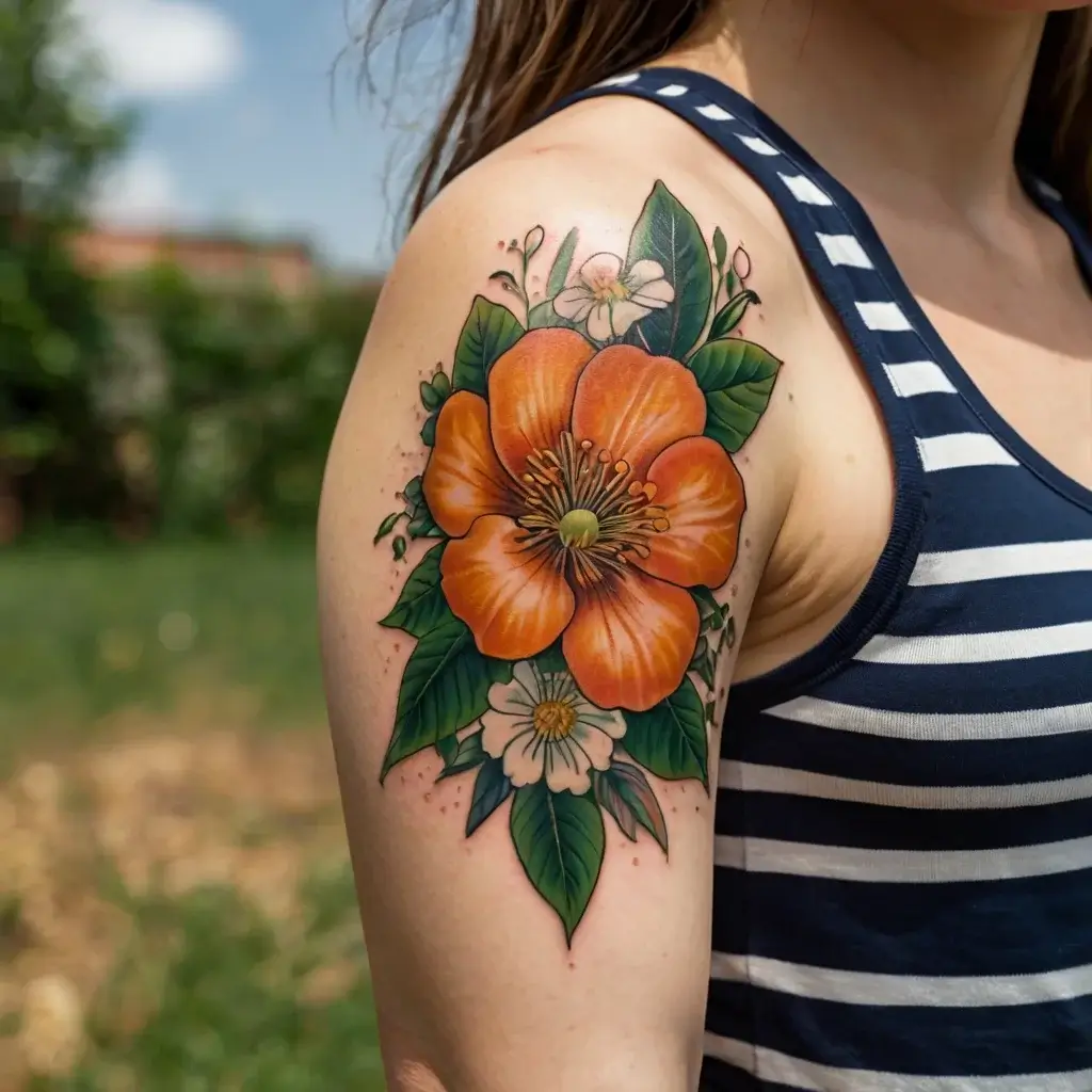 Vibrant orange flower tattoo with lush green leaves and delicate white blossoms on the upper arm, showcasing bold colors.