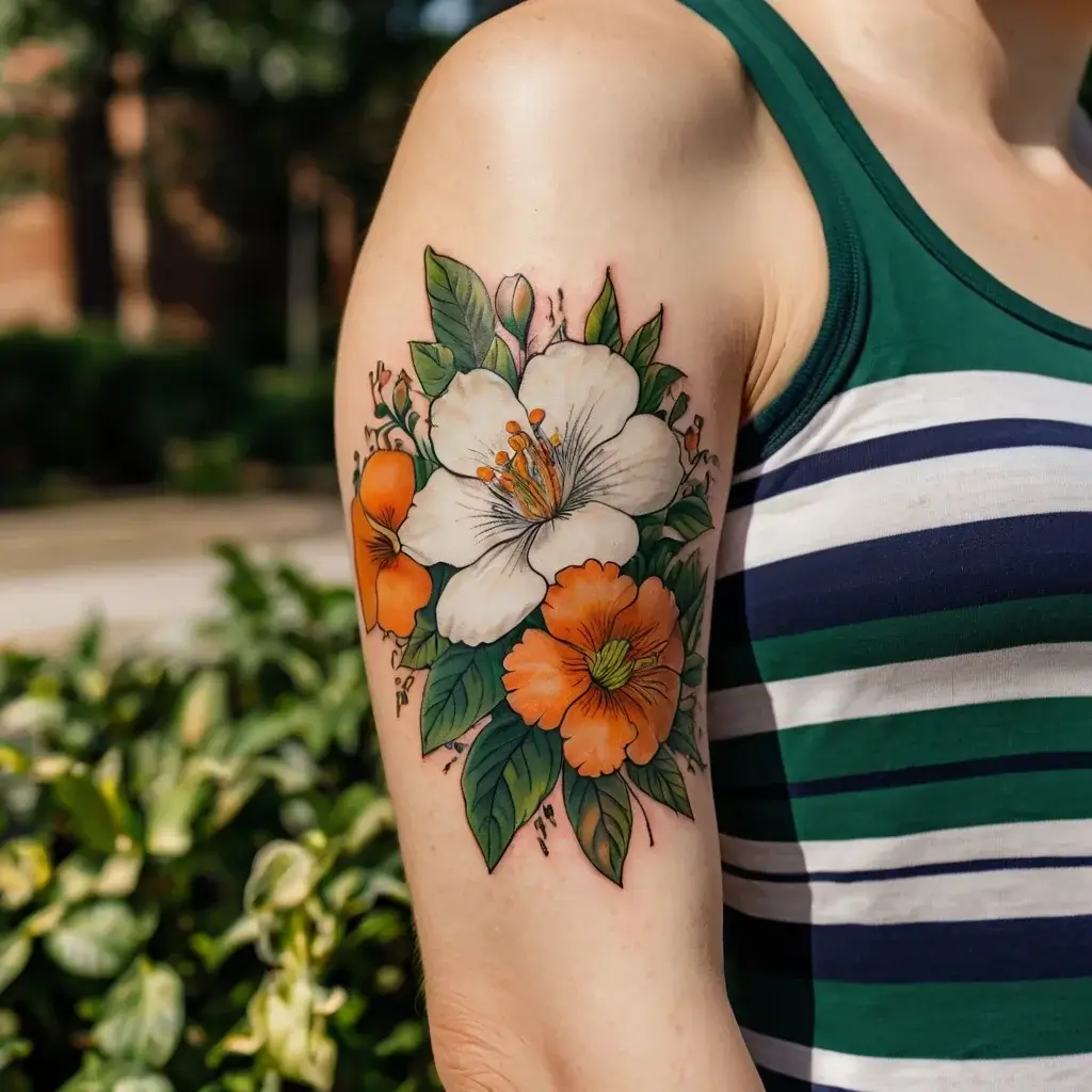 Tattoo of vibrant white and orange flowers with lush green leaves on the upper arm, symbolizing beauty and growth.