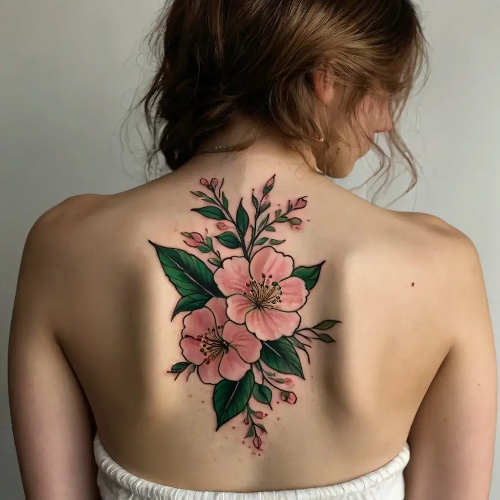 Tattoo of pink cherry blossoms and green leaves on back, detailed shading for depth and intricate line work accents.