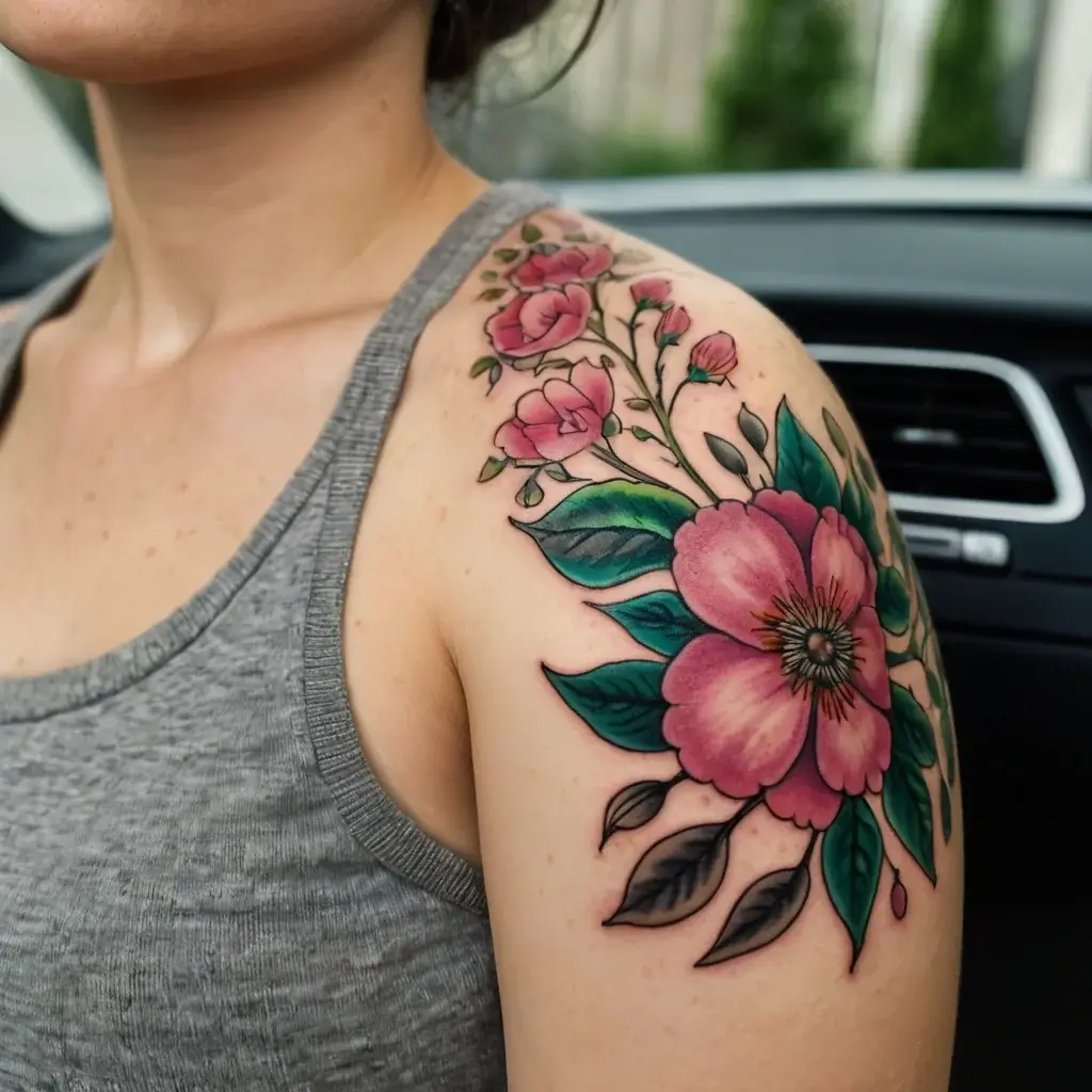 Colorful floral tattoo on shoulder featuring a large pink blossom with surrounding smaller flowers and green leaves.