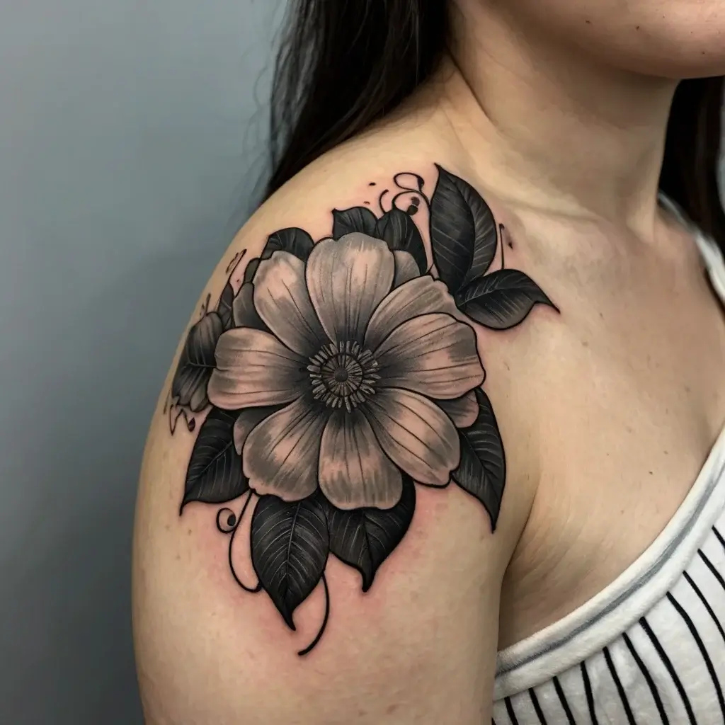 Black and gray floral tattoo on shoulder, features a large, detailed blossom surrounded by shaded leaves and vines.