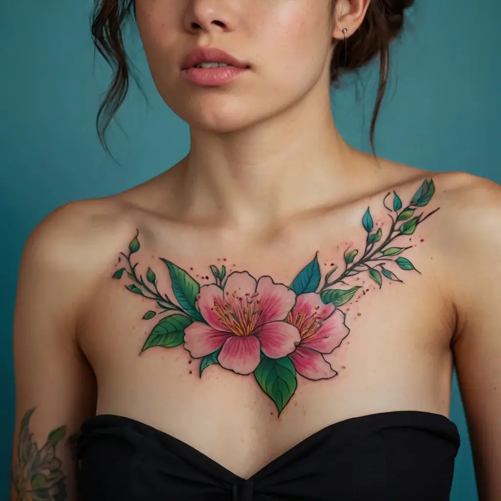 Floral chest tattoo featuring a large pink flower with green leaves and delicate branch accents; vibrant and detailed.