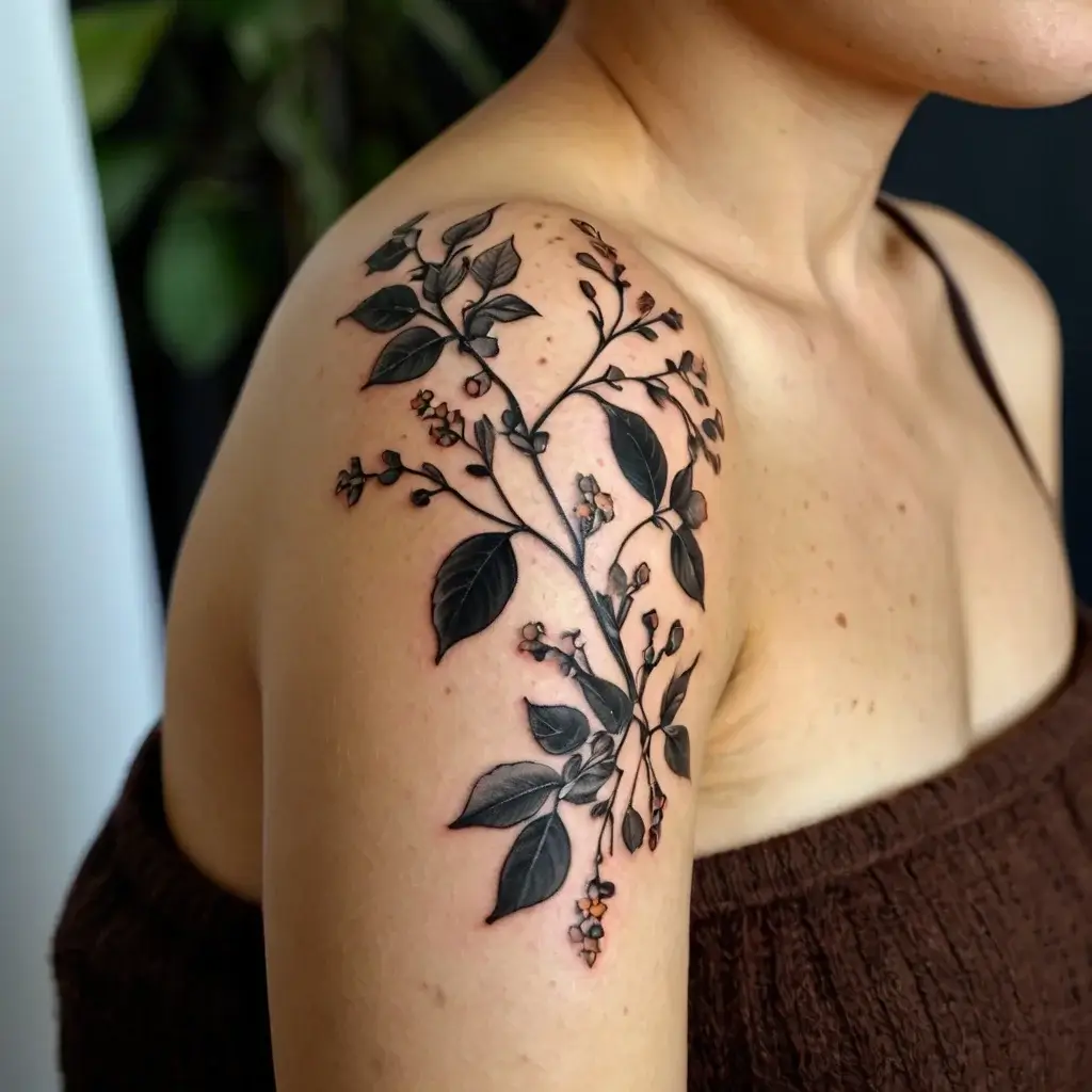 Black ink botanical tattoo with detailed leaves and small flowers, elegantly wrapping around the upper arm and shoulder.