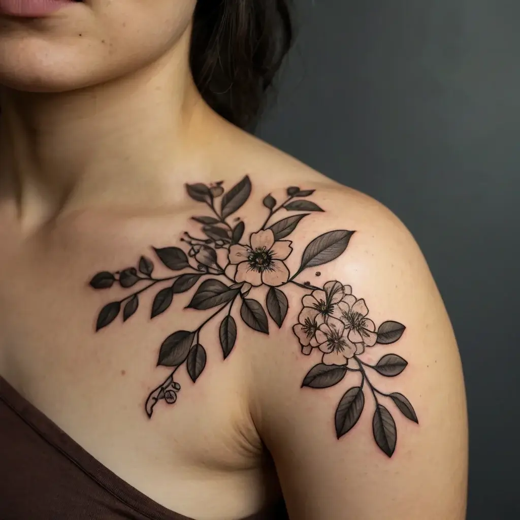 Elegant black floral tattoo with leaves and detailed linework, gracefully spread across the shoulder and collarbone.