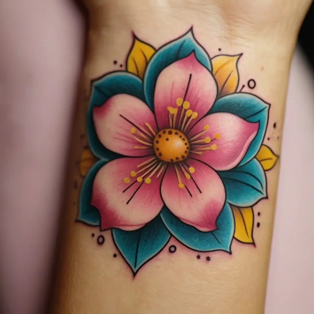 Colorful traditional flower tattoo with pink petals, teal accents, and yellow center, featuring bold outlines and shading.