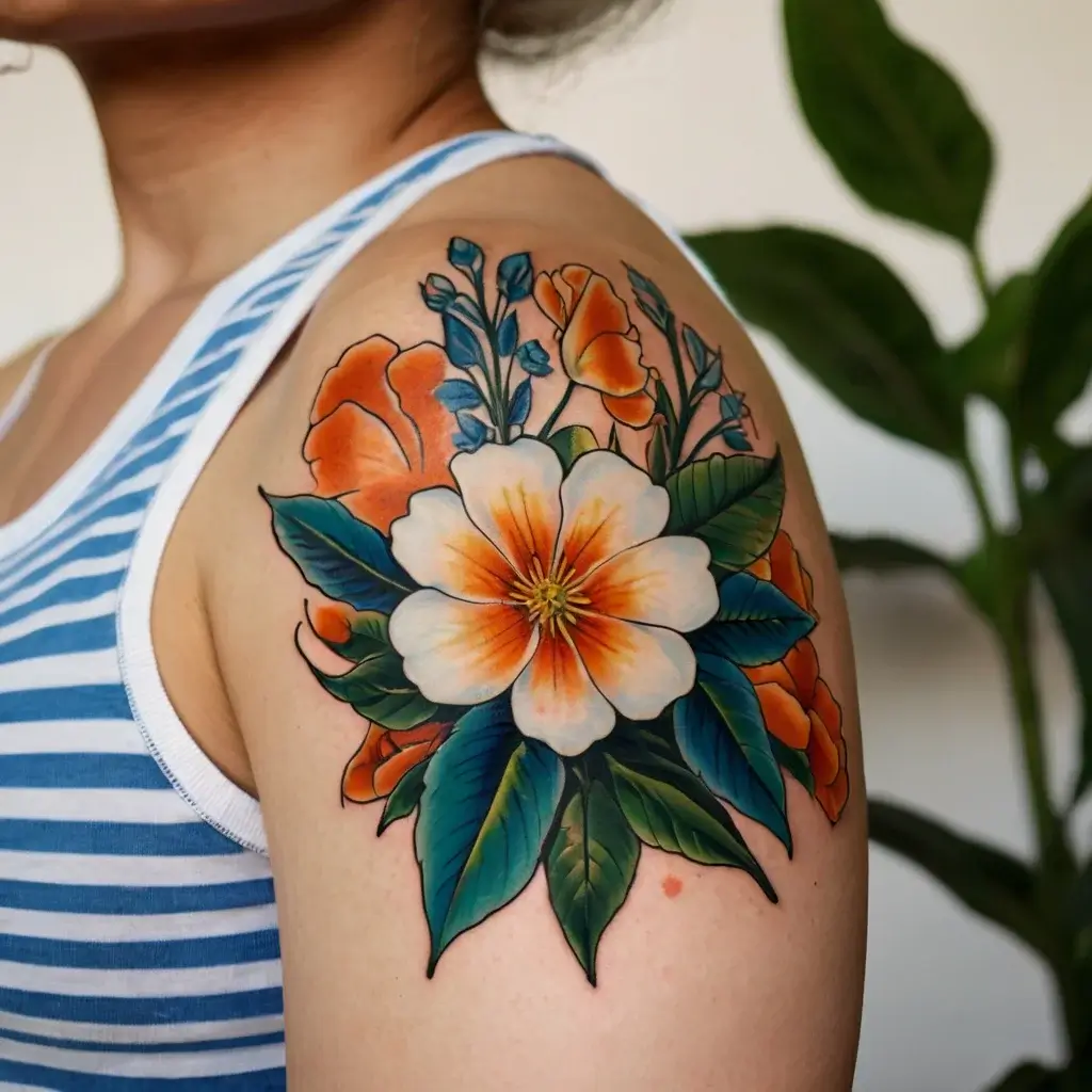 Vivid floral tattoo: central orange-tinged bloom with green leaves and blue buds on shoulder, accentuating vibrant nature.