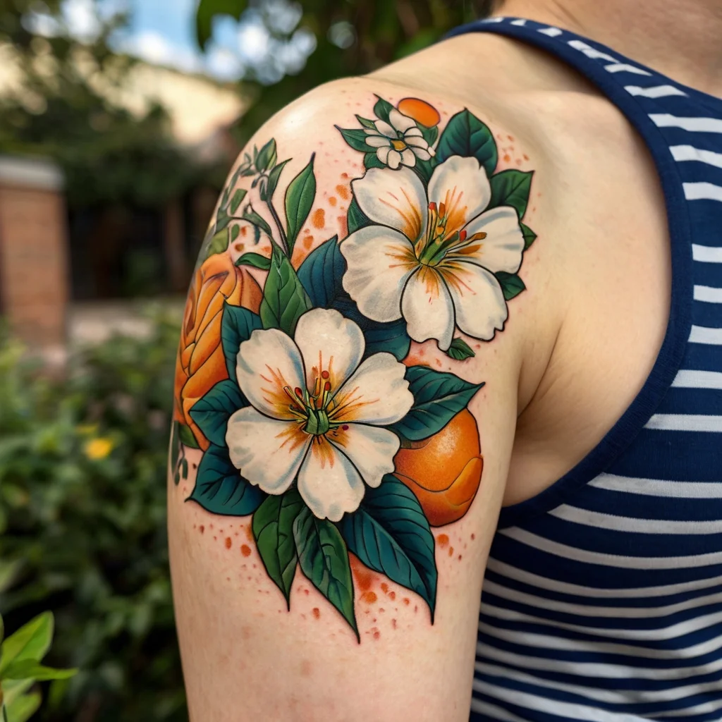 Colorful tattoo of white hibiscus flowers and oranges with green leaves on shoulder, featuring vibrant details and shading.