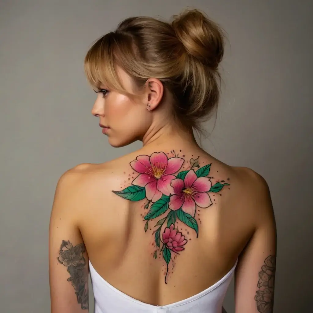 Back tattoo of vibrant pink flowers with green leaves, detailed in black lining, creates a delicate, artistic design.