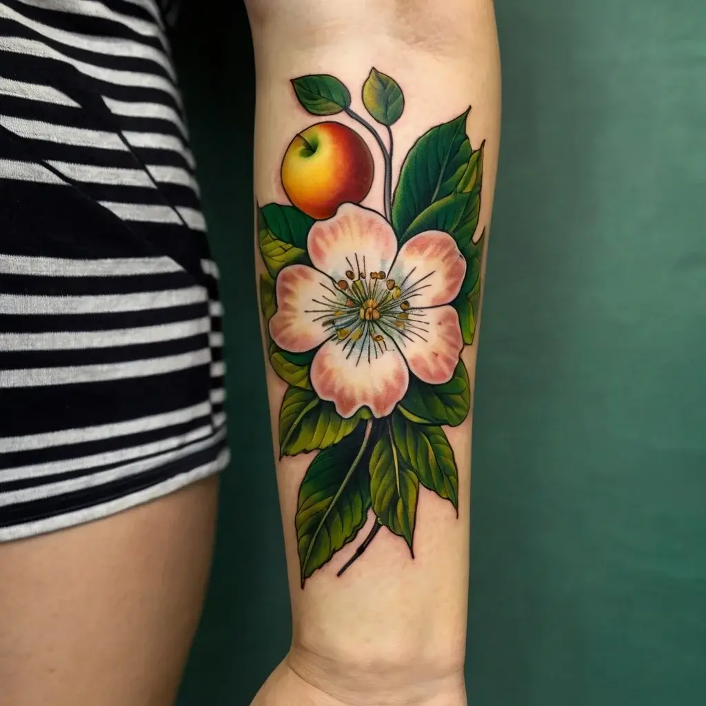 Tattoo of a peach blossom with green leaves and a ripe peach. Vibrant colors enhance the naturalistic style.