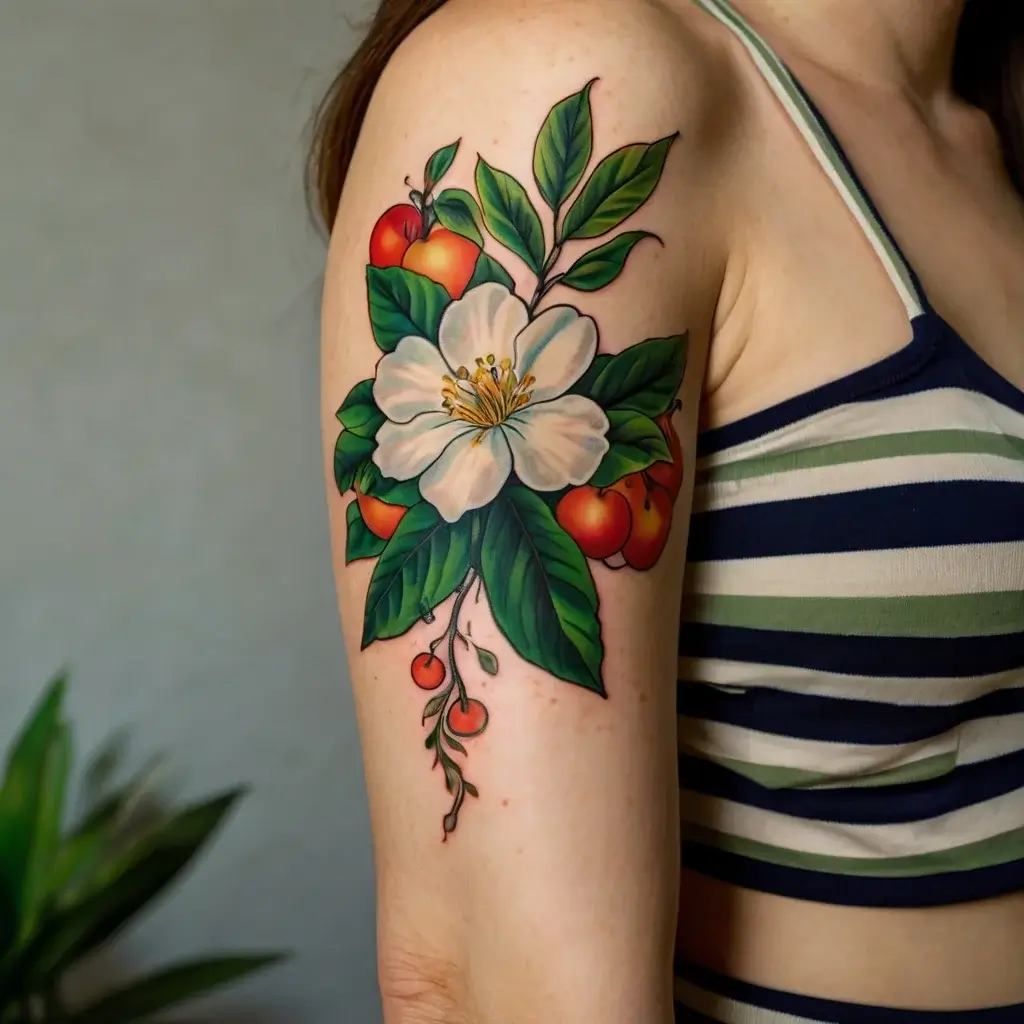 A vibrant tattoo of a white flower with lush green leaves and red cherries on an upper arm, symbolizing beauty and vitality.