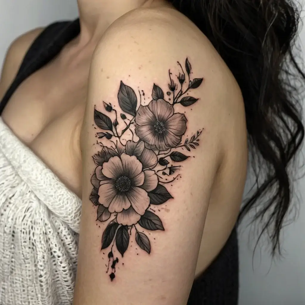 Black and grey floral tattoo on the upper arm, featuring detailed flowers with leaves and subtle shading.