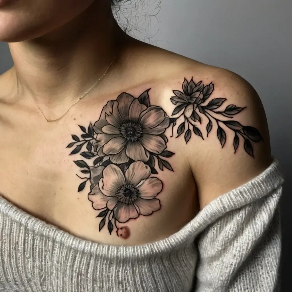 Black and gray floral tattoo on shoulder, featuring detailed blossoms and leaves, creating an elegant and organic flow.