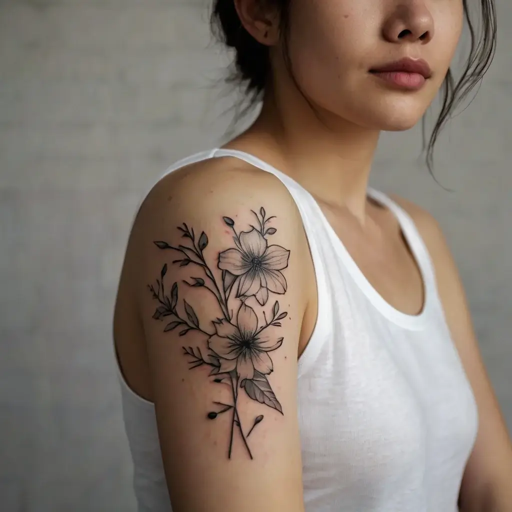 Delicate black ink floral tattoo on the upper arm, featuring detailed blooming flowers and leaves with fine line work.