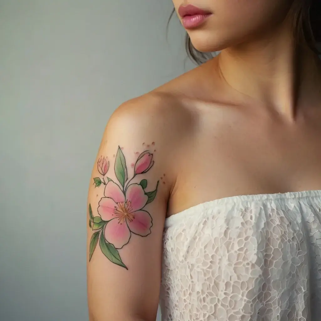 Delicate pink cherry blossom tattoo with green leaves on upper arm, showcasing fine details and vibrant colors.