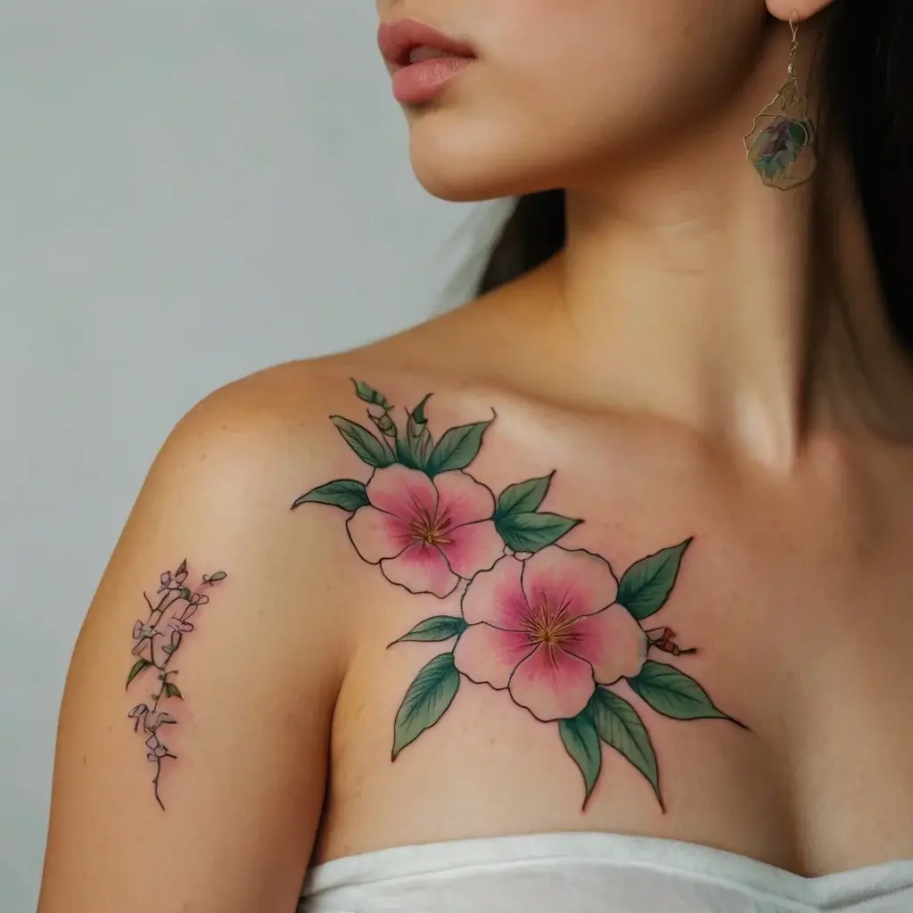 Floral tattoo with two pink hibiscus blooms on the shoulder and delicate vine on the arm, detailed with green leaves.