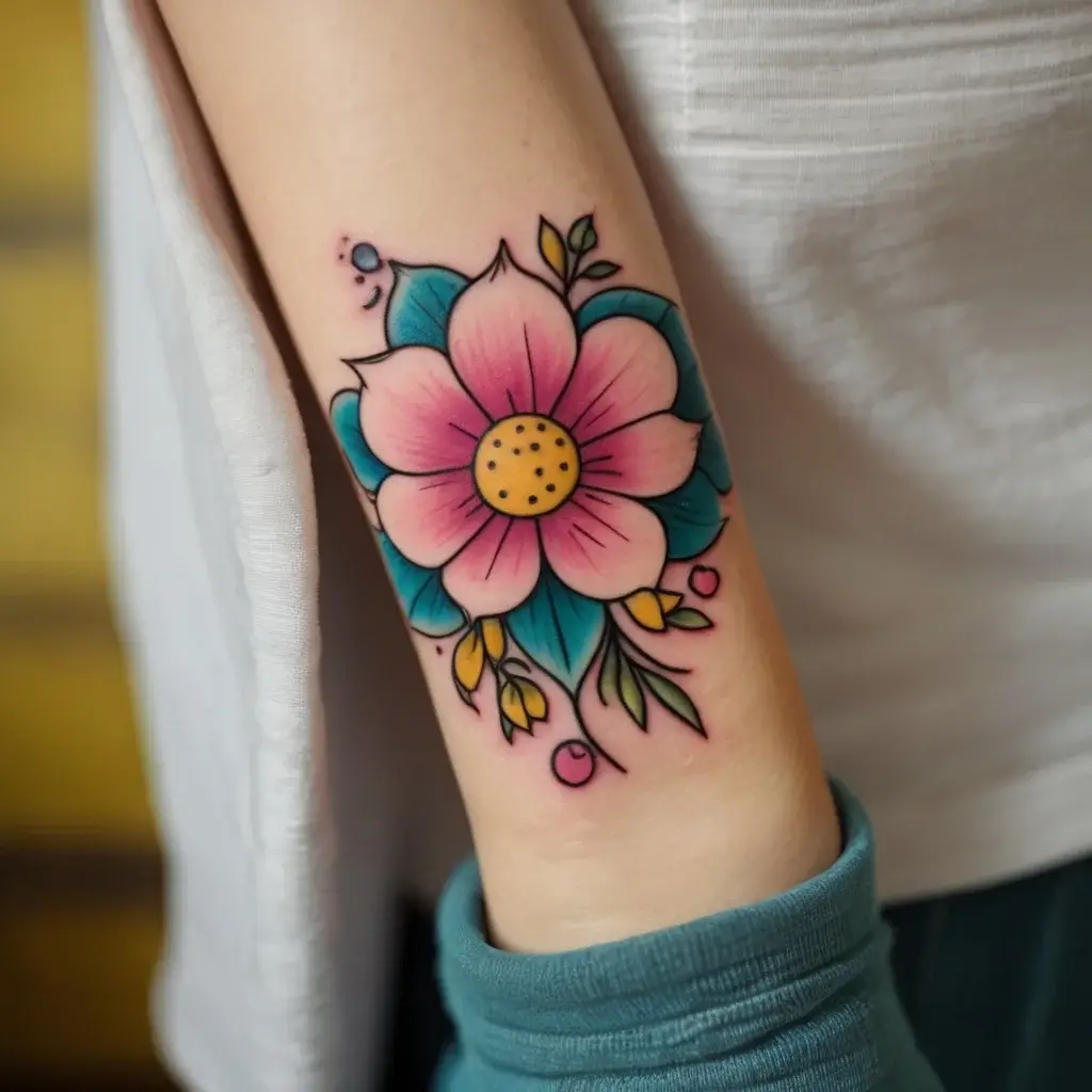 Tattoo of a vibrant pink and blue flower with bold outlines, yellow center, and green leaves on forearm.