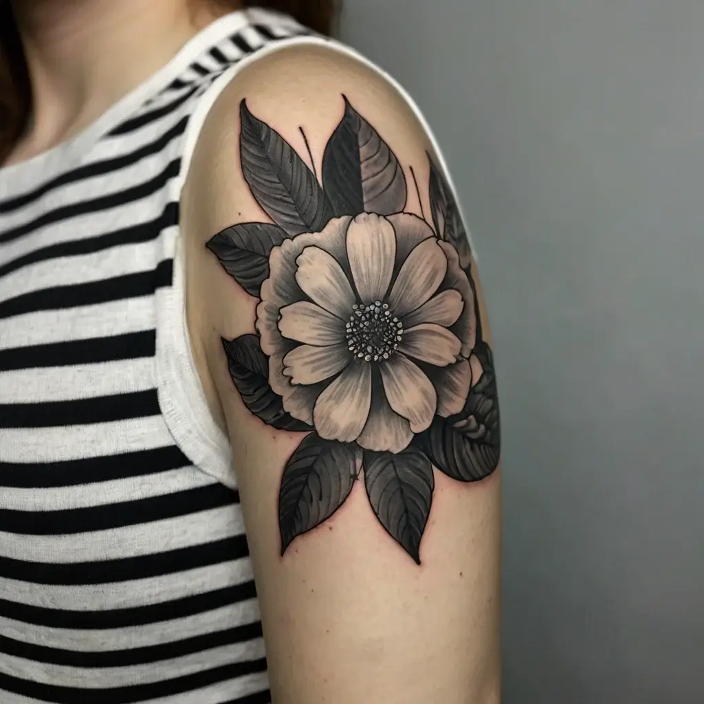 A detailed grayscale tattoo of a large flower with intricate shading and leaves on an upper arm.