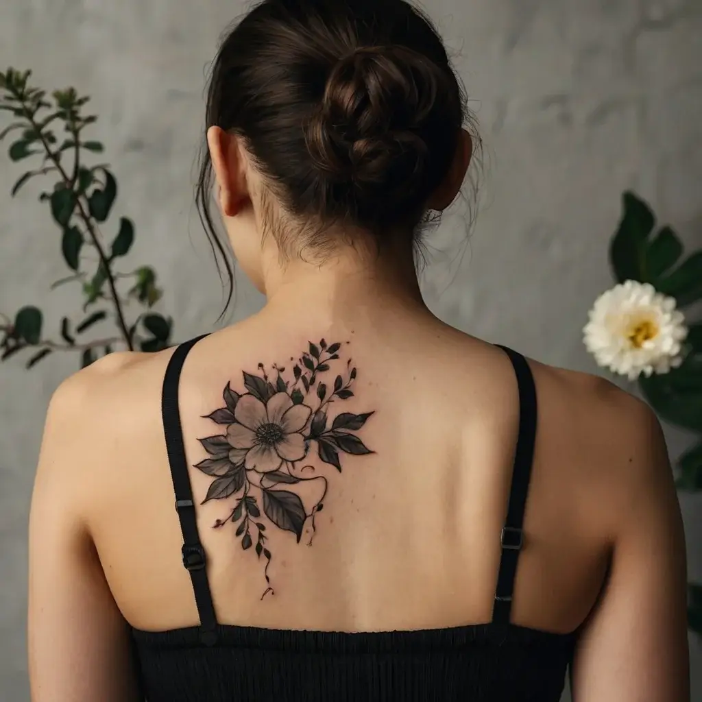 Elegant black floral tattoo on upper back, featuring a large blooming flower with leaves and delicate vine elements.