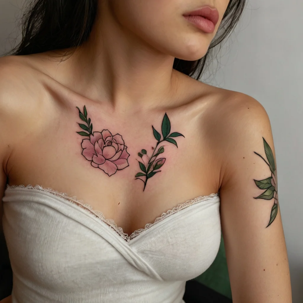 Chest tattoo with pink peony and green leaves, symbolizing beauty and growth. Arm tattoo with floral design.