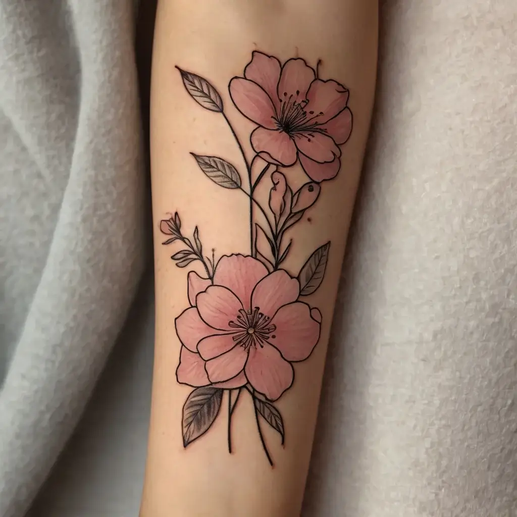 Delicate pink cherry blossoms and leaves tattoo in black outline on forearm, symbolizing beauty and renewal.