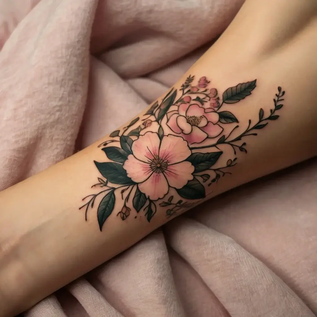 A delicate tattoo of pink flowers and green leaves, artistically arranged with soft shading on the forearm.