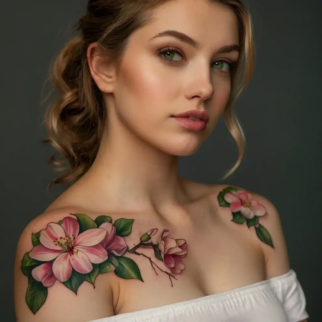 Realistic floral tattoos on shoulders feature pink blossoms with green leaves, artistically arranged for natural elegance.